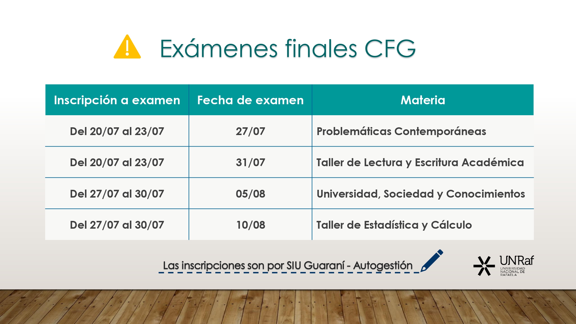 Fechas de exámenes del CFG 2020 - Llamado Julio - Agosto